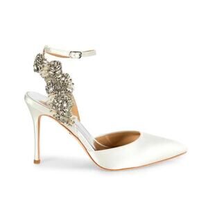 BADGLEY MISCHKA Womens Blanca Pumps 9.5 White Satin Ankle Strap Embellished NWB